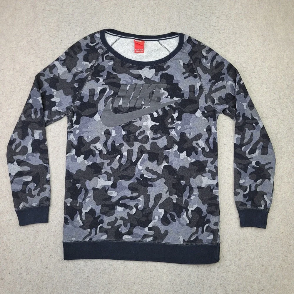 Nike Rally Boyfriend Logo Graphic Gray‎ Camo Print Womens XS Crew Sweatshirt